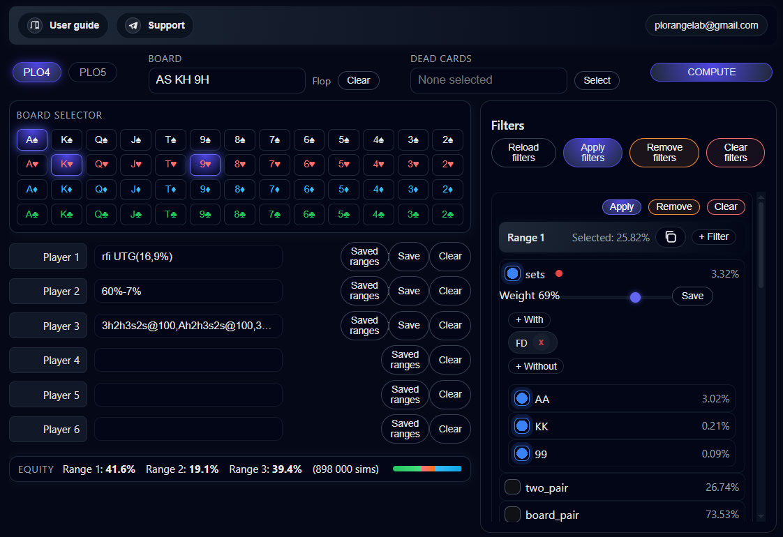 PLO RangeLab range filtering interface screenshot